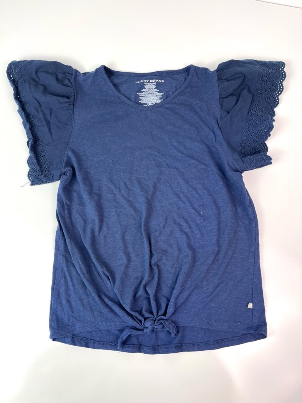 Girls Kids Lucky Brand Navy Blue Ruffle Eyelet Trim Sleeves Top sz Large 12-14